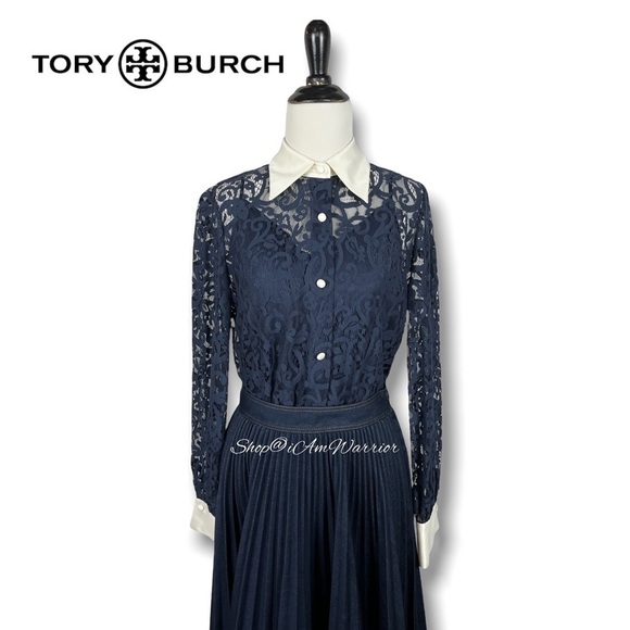 Tory Burch NWT navy lace blouse w/ ivory cuffs & collar with removable neck tie - Picture 9 of 16